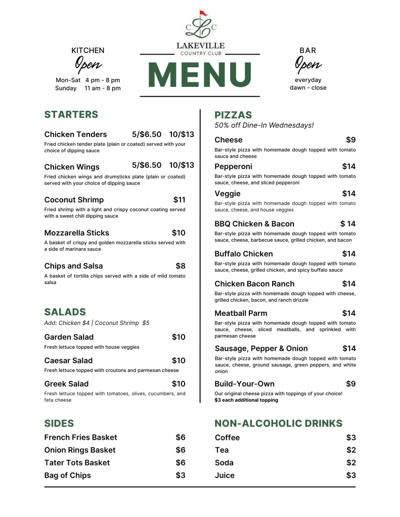 Lakeville Country Club restaurant food and drinks menu for Spring 2025: Starters, Salads, Pizzas, Sides